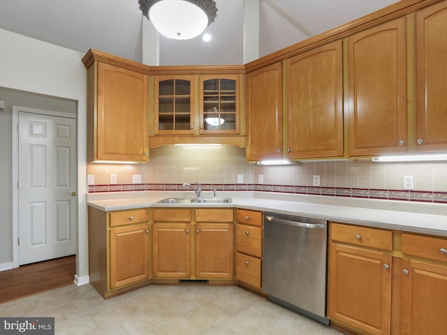 kitchen with tasteful backsplash, sink, and stainless steel dishwasher