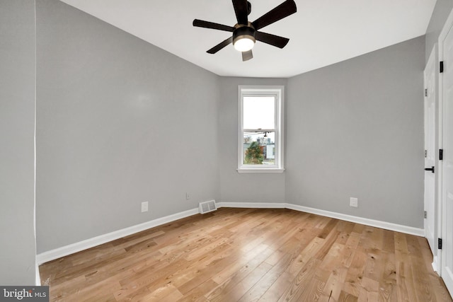 empty room featuring ceiling fan and light hardwood / wood-style flooring