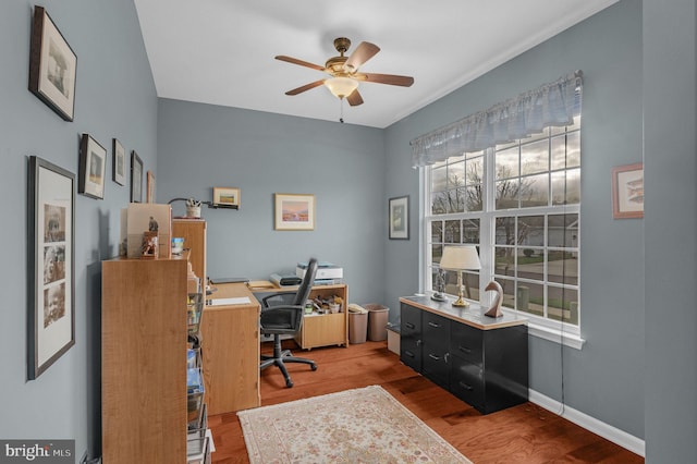 home office with wood-type flooring and ceiling fan