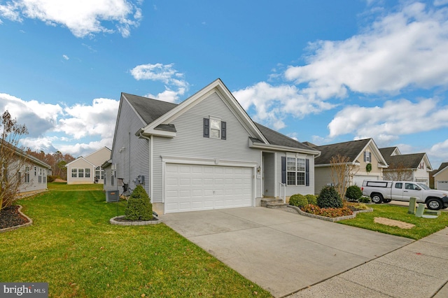 view of property featuring central AC unit, a garage, and a front lawn