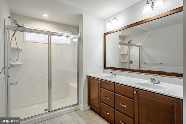 bathroom featuring tile patterned floors, vanity, and walk in shower