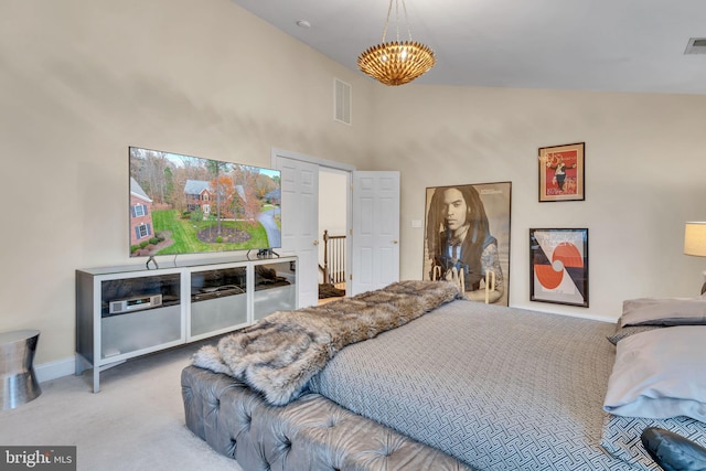 216 Pelagic Ln, Solomons, MD 20688 - bedroom with carpet floors, baseboards, a chandelier, and high vaulted ceiling