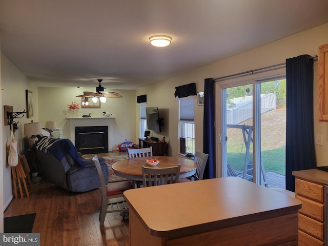 dining room with dark hardwood / wood-style flooring and ceiling fan