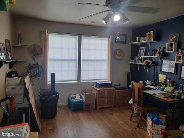 office featuring hardwood / wood-style flooring and ceiling fan