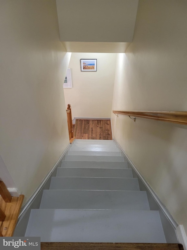 staircase with hardwood / wood-style flooring