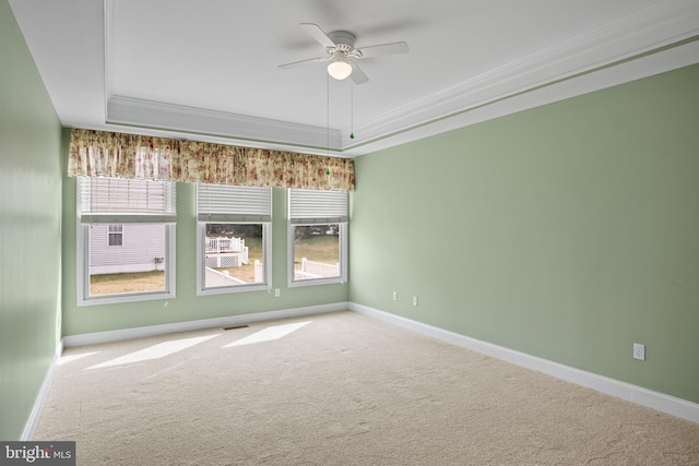 spare room featuring a raised ceiling, crown molding, carpet floors, and ceiling fan