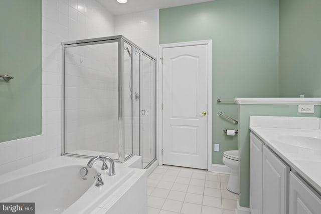 full bathroom featuring vanity, tile patterned flooring, plus walk in shower, and toilet