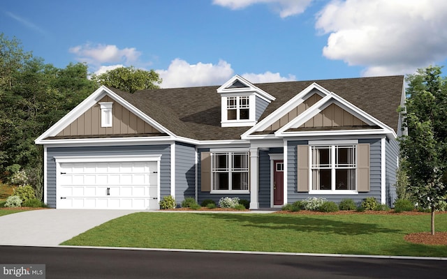 view of front of property with driveway, a front lawn, board and batten siding, and an attached garage