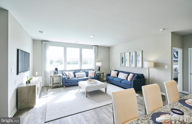 living room with light hardwood / wood-style flooring