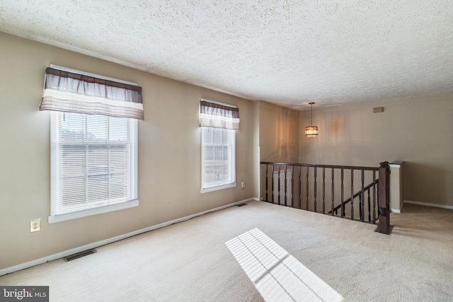 carpeted empty room featuring a textured ceiling and a wealth of natural light