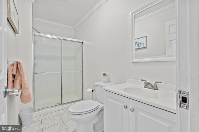 bathroom with a stall shower, tile patterned floors, toilet, and crown molding