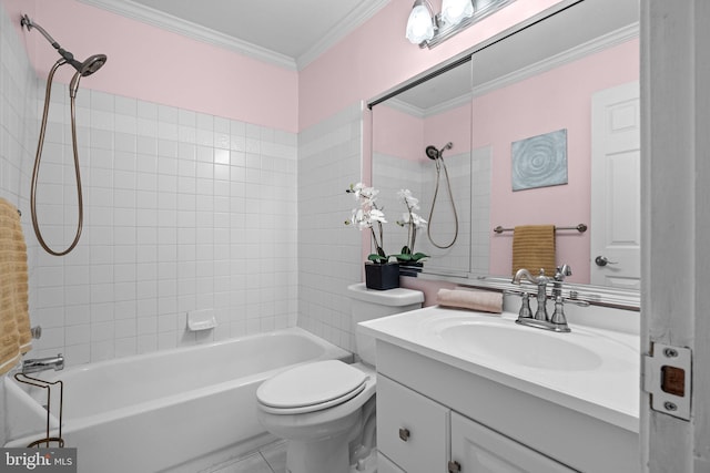 bathroom featuring shower / bath combination, crown molding, vanity, and toilet