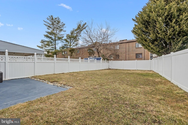 view of yard with a patio area and a fenced backyard