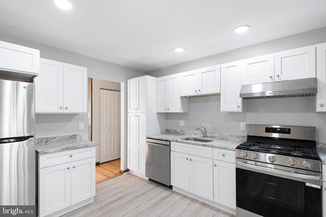 kitchen featuring white cabinetry, sink, appliances with stainless steel finishes, and light hardwood / wood-style flooring