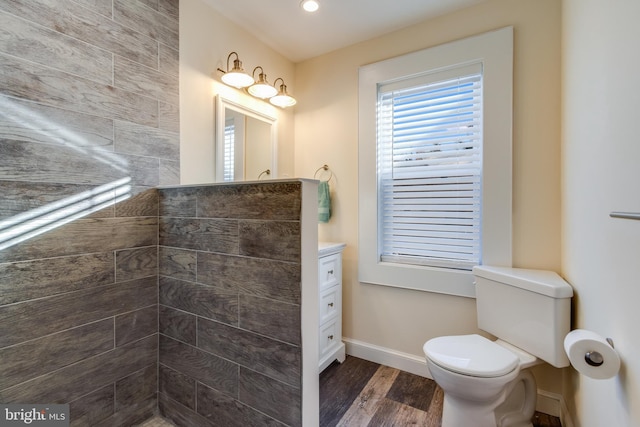 bathroom featuring vanity, toilet, and wood-type flooring