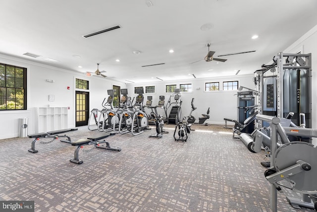 exercise room featuring carpet, ceiling fan, and ornamental molding