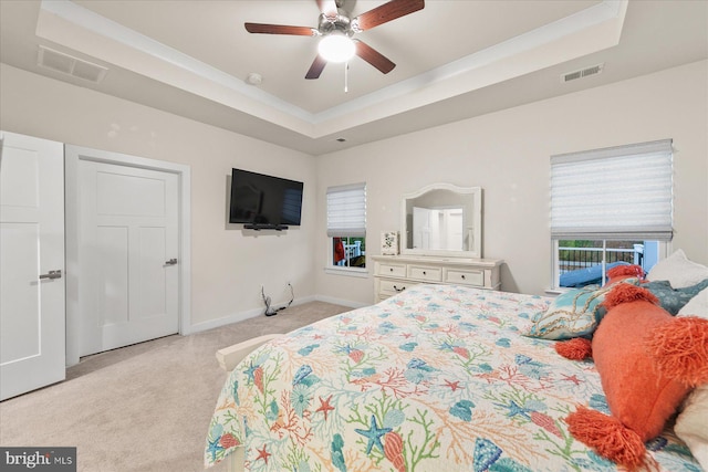 carpeted bedroom featuring a tray ceiling and ceiling fan