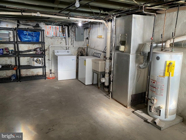 basement featuring separate washer and dryer, water heater, and electric panel