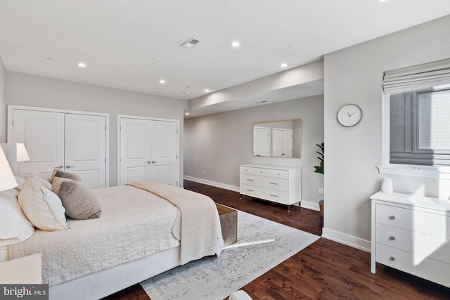 bedroom featuring two closets and dark wood-type flooring