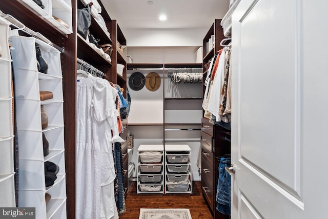 spacious closet with dark hardwood / wood-style flooring