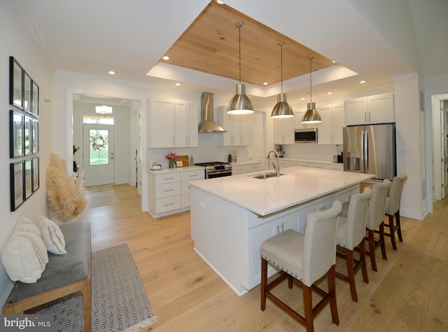 kitchen featuring white cabinetry, wall chimney range hood, a tray ceiling, and stainless steel appliances