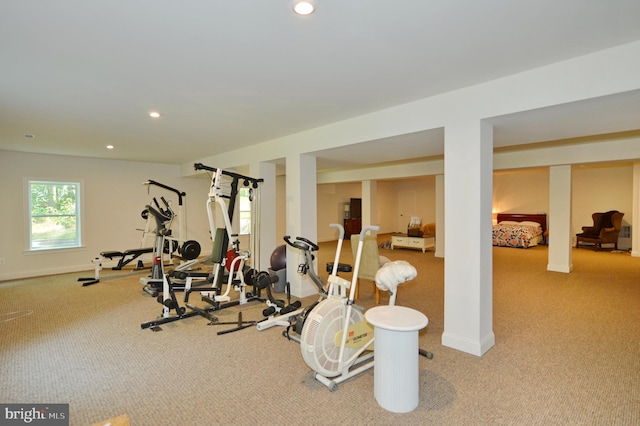 workout area with light colored carpet