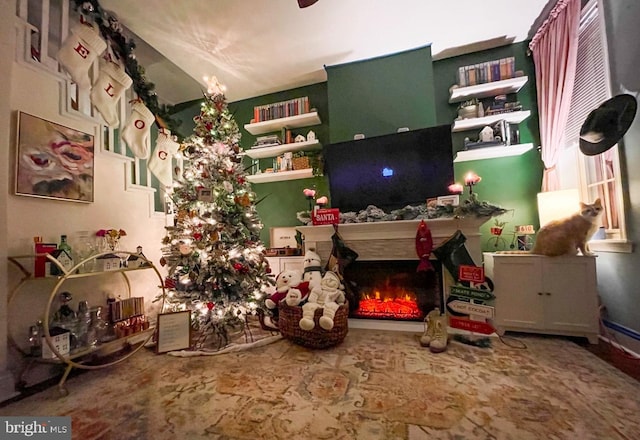 interior space featuring a fireplace