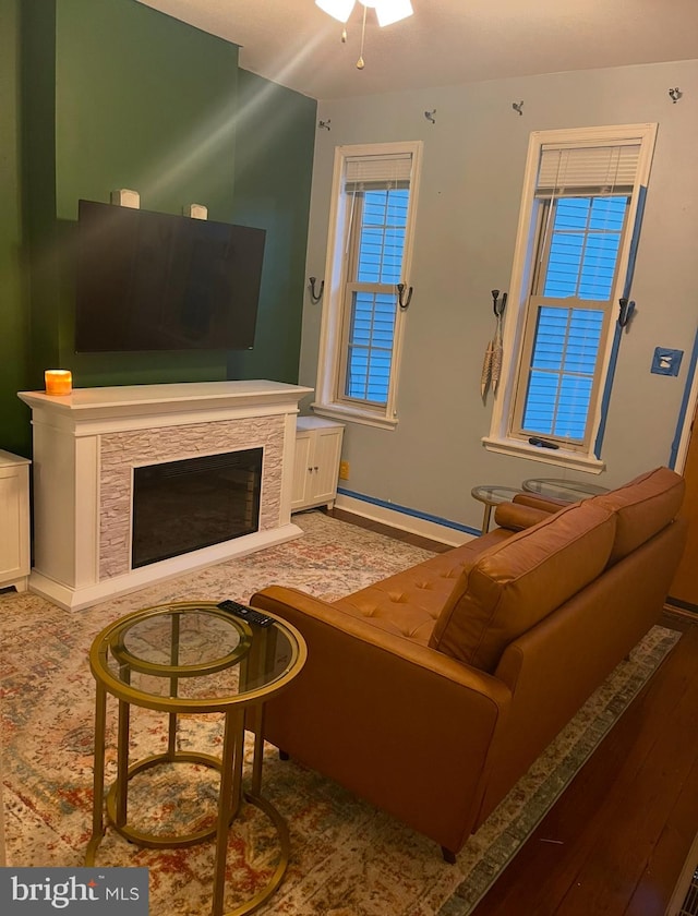 living room with ceiling fan and hardwood / wood-style flooring