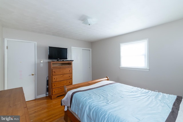 bedroom featuring wood-type flooring and a closet