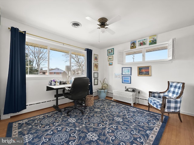 home office with a baseboard radiator, visible vents, ceiling fan, wood finished floors, and baseboards