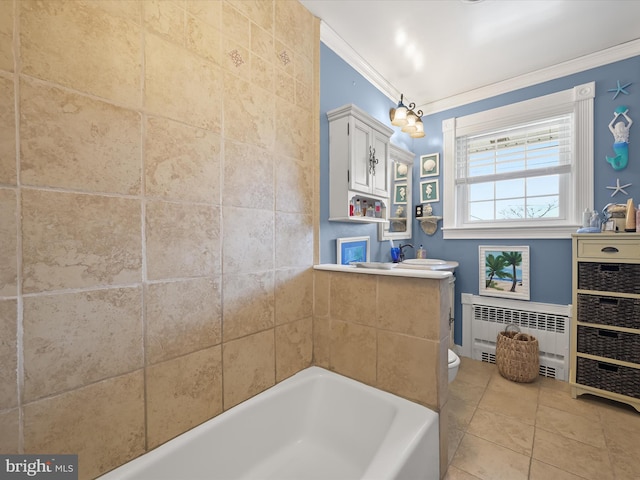 full bathroom with toilet, a washtub, tile patterned floors, radiator heating unit, and crown molding