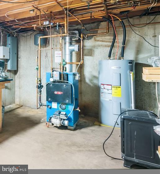 utility room featuring electric panel and water heater