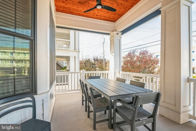 sunroom featuring ceiling fan, plenty of natural light, and wooden ceiling