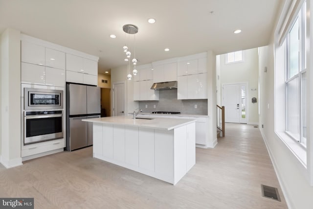 kitchen with plenty of natural light, white cabinetry, stainless steel appliances, and hanging light fixtures