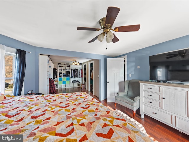 bedroom featuring ceiling fan and dark hardwood / wood-style flooring