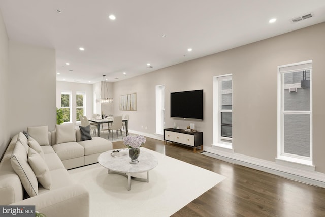 living room featuring dark wood-type flooring