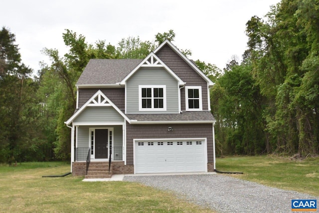 craftsman inspired home with a porch, a garage, and a front lawn