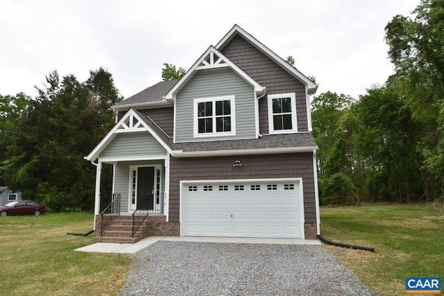 craftsman-style house featuring covered porch, a garage, and a front yard