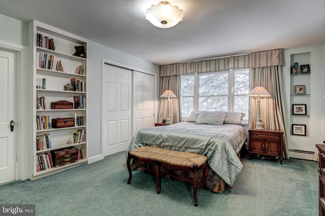 carpeted bedroom featuring a baseboard radiator and a closet