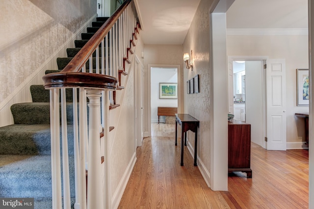 stairs with hardwood / wood-style flooring and ornamental molding