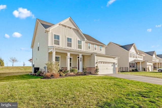 view of front of property with a garage, a front lawn, and cooling unit