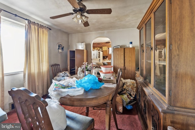 carpeted dining space with ceiling fan