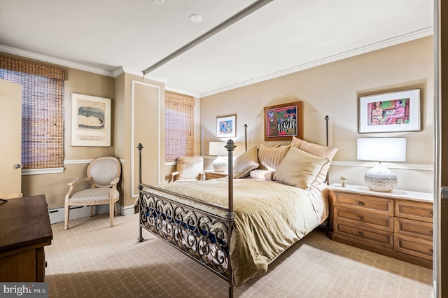 carpeted bedroom featuring baseboard heating and crown molding