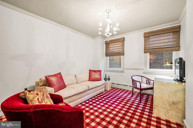 living area with carpet flooring, an inviting chandelier, and ornamental molding