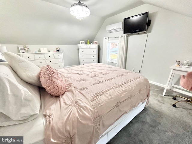 carpeted bedroom featuring vaulted ceiling and a wall mounted AC