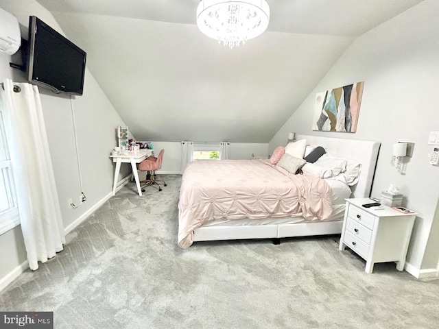 bedroom with a wall unit AC, light colored carpet, and lofted ceiling