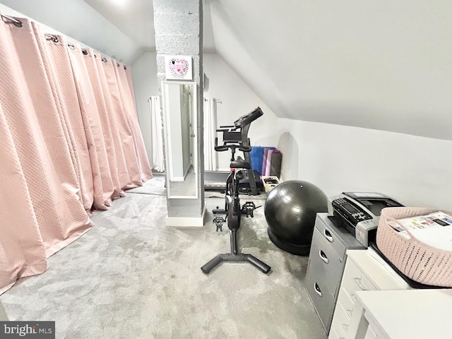 workout area featuring light colored carpet and lofted ceiling