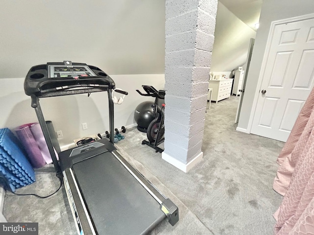 workout area featuring light colored carpet and vaulted ceiling