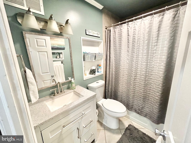 full bathroom with toilet, vanity, tile patterned floors, and shower / bathtub combination with curtain