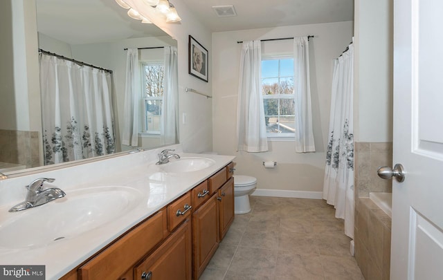 full bathroom featuring plus walk in shower, tile patterned flooring, vanity, and toilet